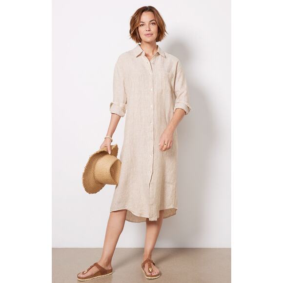 Faherty Dresses & Skirts - Faherty Laguna Linen Midi Shirt Dress Long Sleeve Golden Stripe Boho  Size S